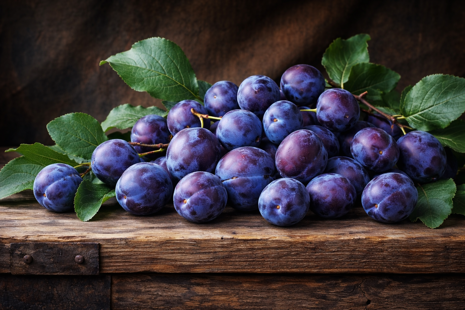 Deep purple Davidson's plums on a rustic table