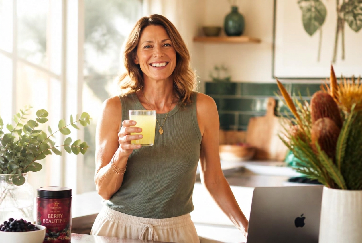 Woman in her forties enjoying a glass of ėNOS daily drink in a sunlit kitchen