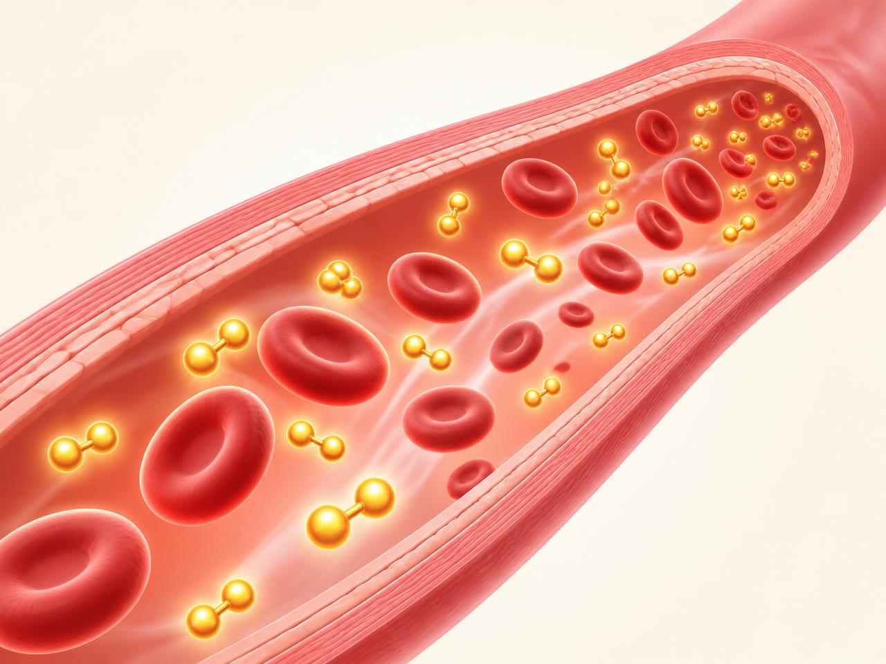 Illustration of nitric oxide molecules flowing through a relaxed blood vessel